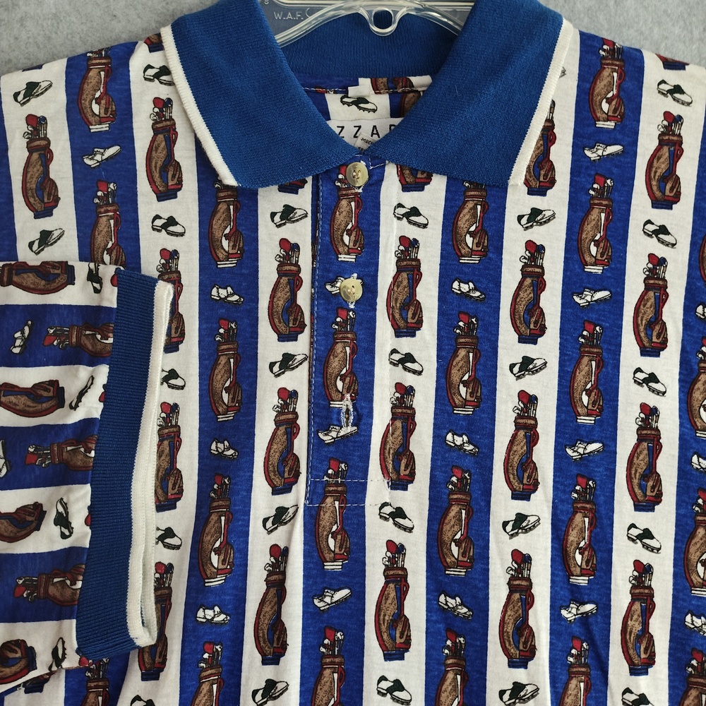 Vintage Fizzaro Polo Shirt Mens L Blue Golf Bag Shoes Graphic All Over Print 90s
